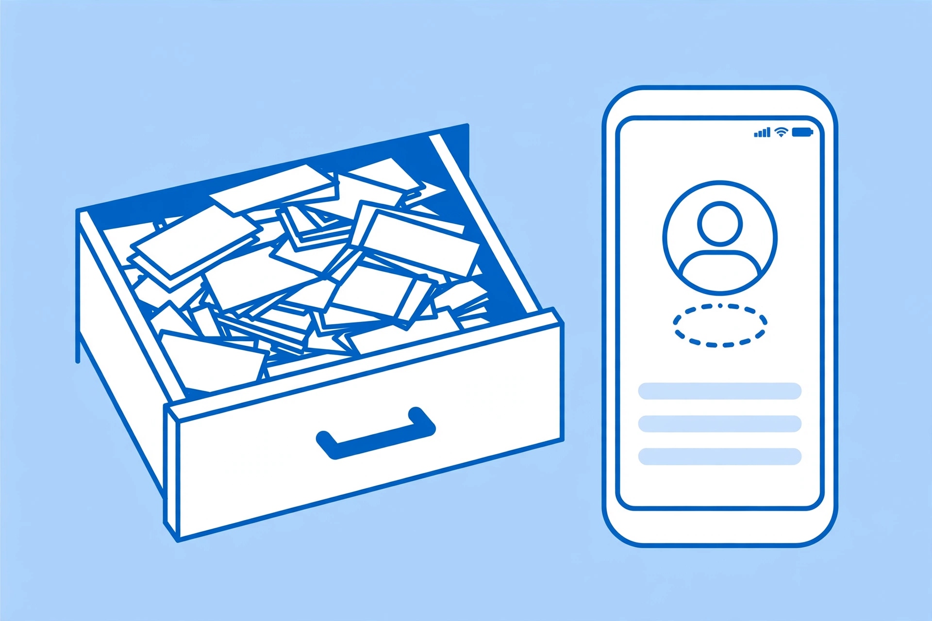 Business cards forgotten in a desk drawer